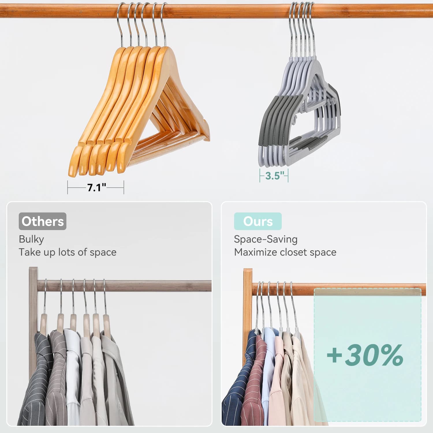 30/50 Pack Coat Hangers, Space-Saving Plastic Clothes Hangers, Non-Slip, 0.2 Inches Slim, 360° Swivel Silver Hook for Shirts, Pants, Suit & Wet/Dry Garments, Light and Dark Gray