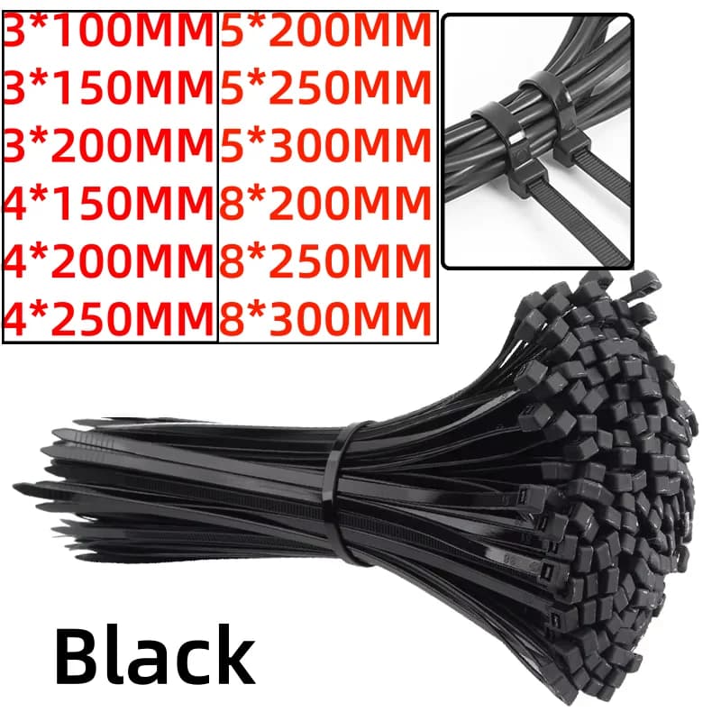 100PCS Fascetta per cavi in nylon di plastica autobloccante 5*200mm 5*300mm Fascetta per cavi nera Anello di fissaggio 4*200mm Fascetta per cavi grande Fascetta per zip