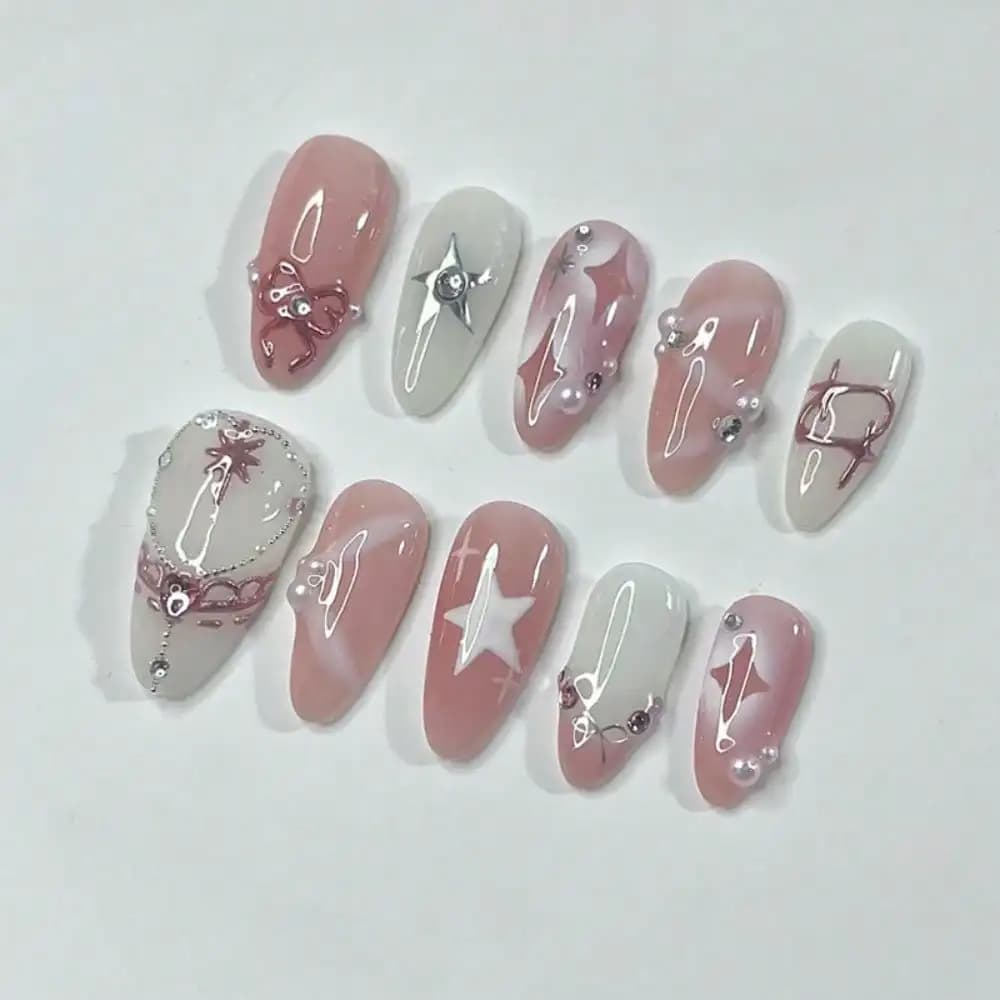 24 Fine Y2K nail parts in almond with Star and Bow, Pink and White, Sweet and Cool style, for Manicure DIY