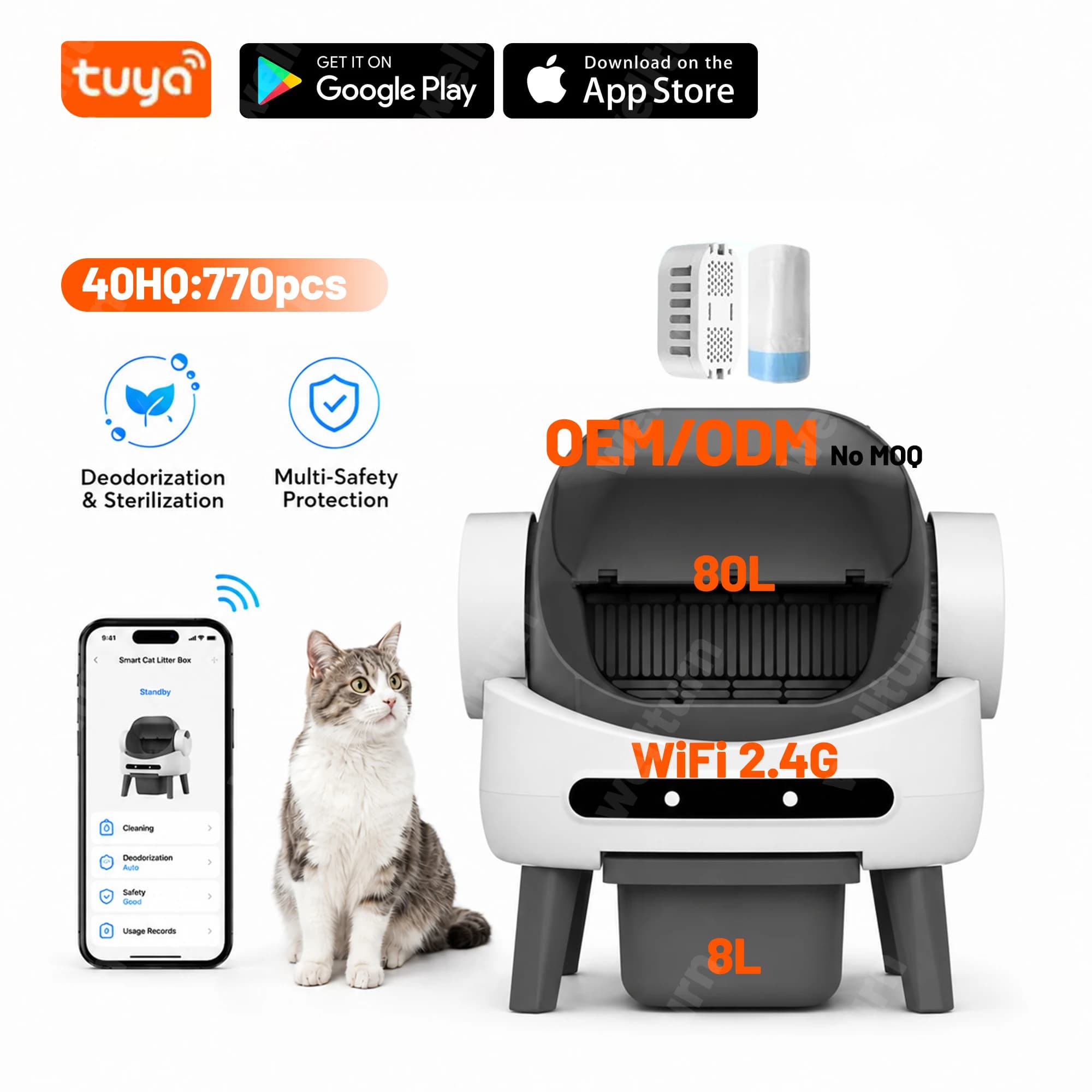 Self Cleaning Cat Litter Box 80L Large Capacity Smart Automatic Cat Litter Box With APP Control For Multiple Cats