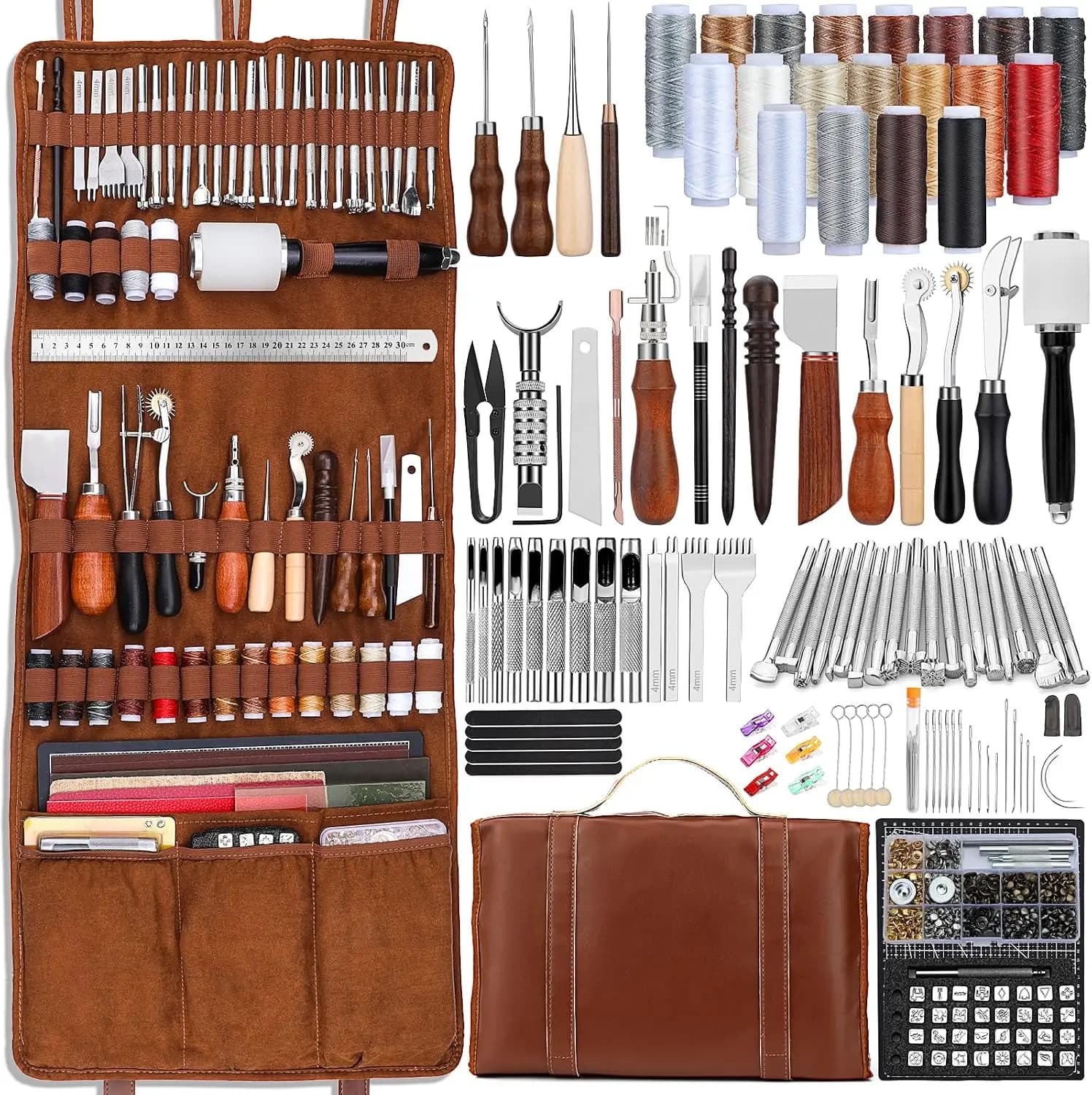 Leather Tooling Kit Leather Craft Tools Leatherworking Kit with Custom Handbag Cutting Mats Engraving Punching Sewing Stamping Sanding Tools for Handicraft Work Professional