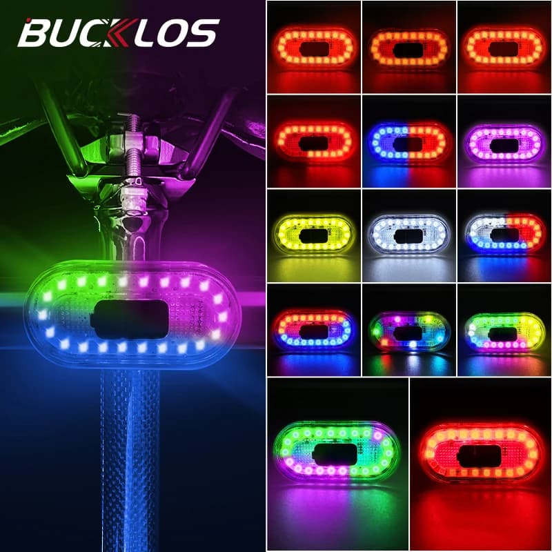 BUCKLOS Luce posteriore per bicicletta Fanali posteriori per bici multicolori Luci posteriori per bicicletta impermeabili Lampada di avvertimento di guida ricaricabile tramite USB