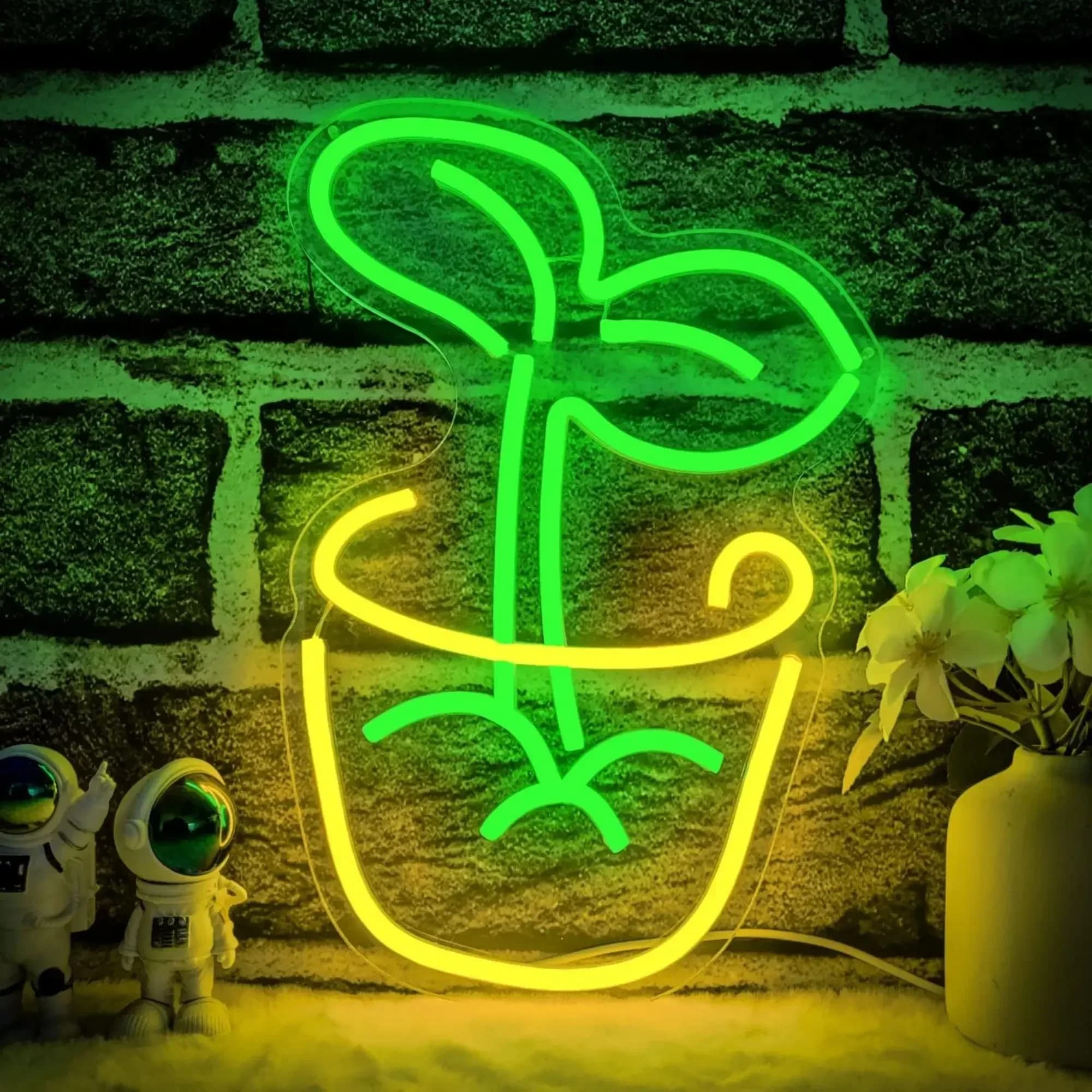 Potted Plant Neon Sign LED Wall Art USB Powered Green Leaf Sprout Theme Decor Home Bedroom Living Room Garden Cafe Party Light