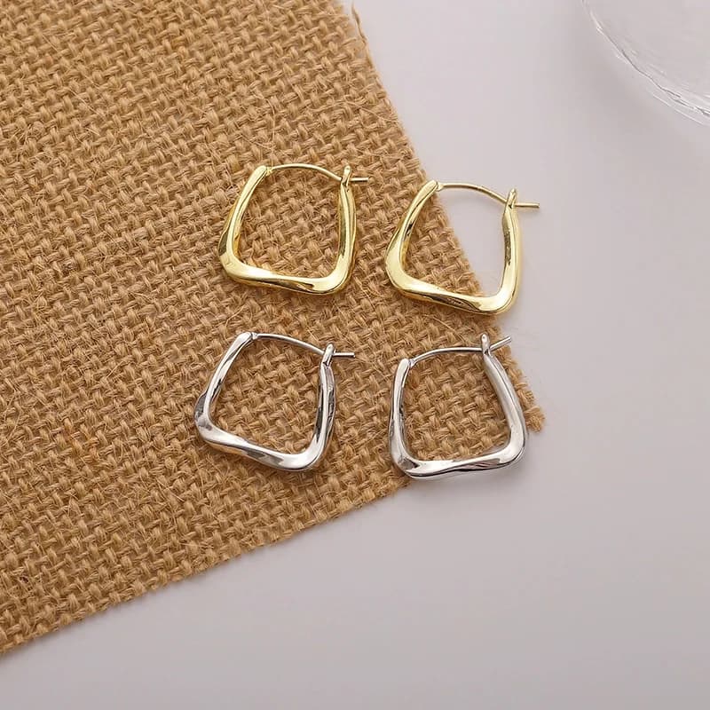 Real 925 Sterling Silver Irregular Square Hoop Earrings For Women Classic Fine Jewelry Exquisite Geometric Accessories