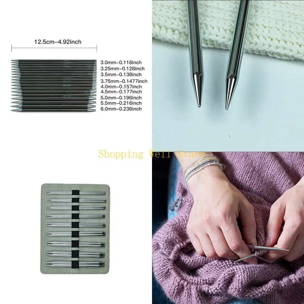 KX4B Aluminum Knitting Needle Set, 9 Pair Needle Parts with Pointed Ends and Joining Openings, 4.9 In Size for Sock and Glove
