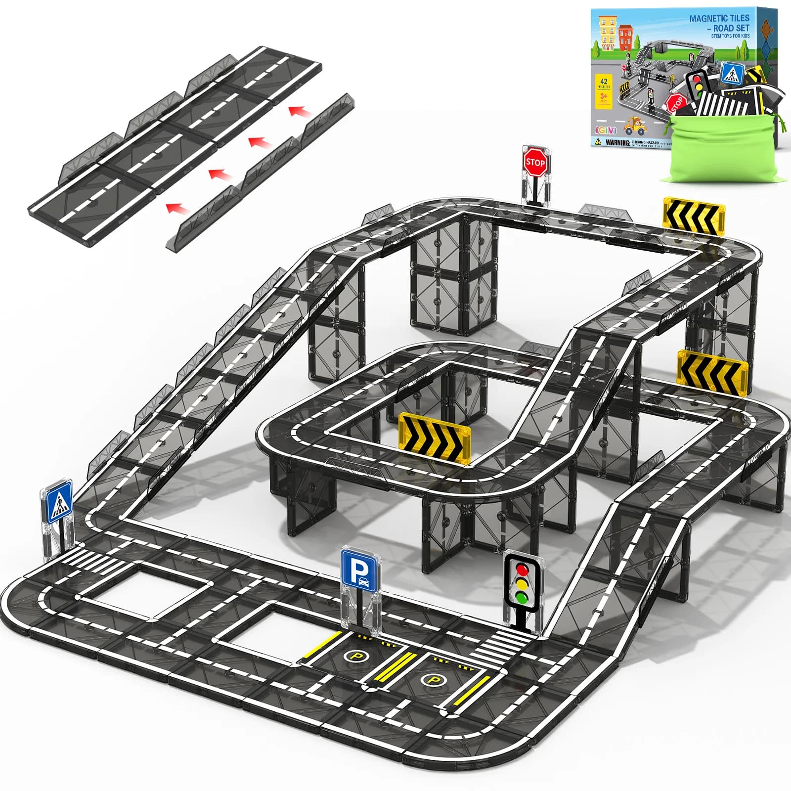 Magnetic Tiles Road & Rail Clamp Pack, Construction Toys for Kids Age 3+,Magnetic Building Blocks for Toddler, STEM Educational Toys for 3+ Year Old Boys Girls, Ideal Birthday Christmas Gift