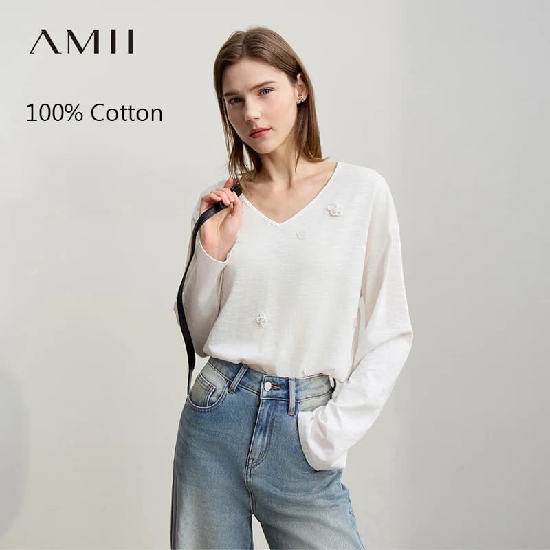 Amii Top a maniche lunghe da donna 2026 Primavera Nuovo scollo a V T-shirt allentata T-shirt in maglia di cotone da donna Pullover Top versatile 12641011