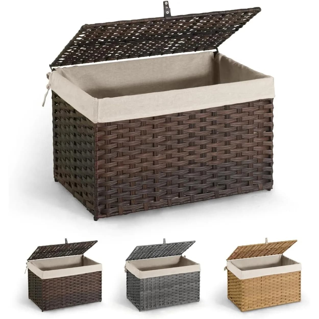 CAPHAUS Cesto portaoggetti in rattan sintetico da 105L con coperchio, Cesto intrecciato a mano con manici, Cesto per biancheria con coperchio, 2 sacchi interni, Cesto per vestiti
