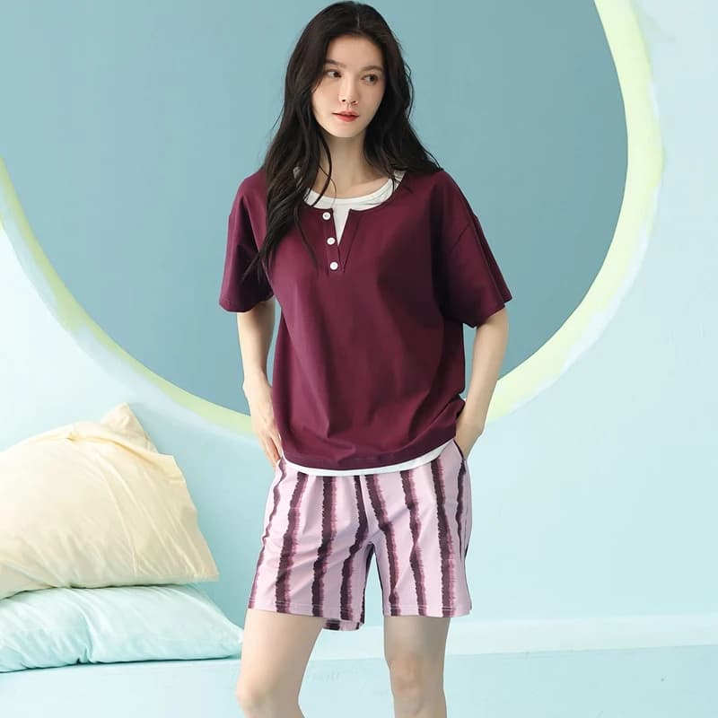 Pigiama Estivo 2026 da Donna a Maniche Corte in 100% Cotone, Set Coreano con Pantaloncini Larghi, Abbigliamento da Notte e da Casa