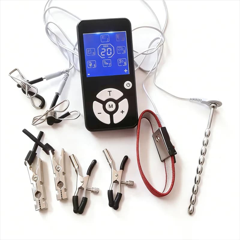 Metal Uretral Dilator, Pens Plug, Brush Rings, 8 Electrostimulation Mode, Nipple Clips, Hand Massage, Sexual Toys for Men