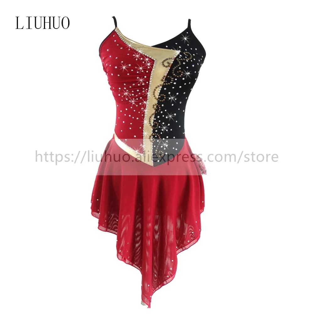 LIUHUO Vestito da pattinaggio su ghiaccio per ragazze da donna Balletto Danza Spettacolo teatrale Costumi da competizione elasticizzati Roller Wine Red Teens