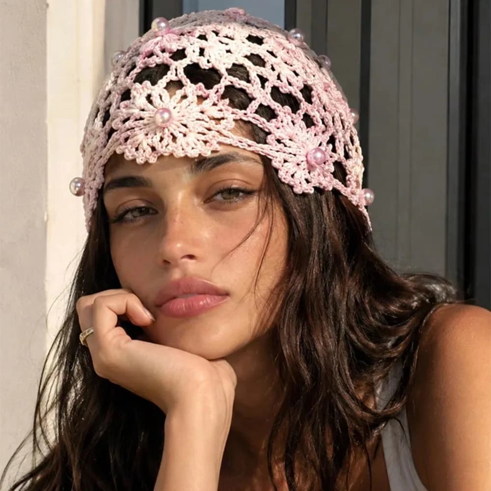 Sweet Elegant Hollowed Out Knitted Hat Pearl Flower Bohemian Style Beanies Solid Color Korean Crochet Sequined Hat Outdoor