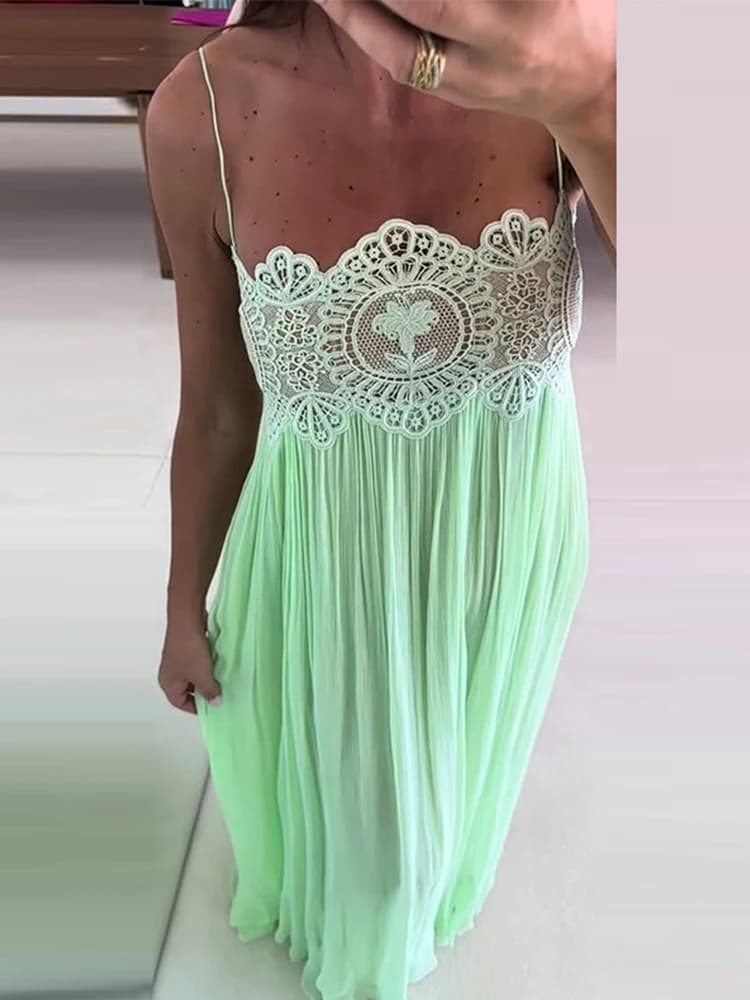 Sexy Lace Patchwork Women's Dress Sleeveless Sling Pleated Hollow Out Lady Dresses 2026 Summer Autumn Female Vacation Robe New