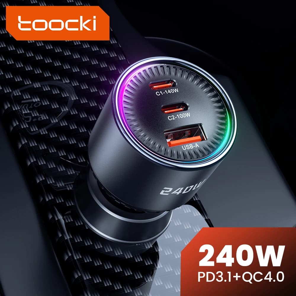 Toocki C51 240W Car Charger PD3.1 140W QC4.0 PPS SFC2.0 Fast USB Type C Car Phone Charger for iPhone 18 17 Samsung Laptop Tablet