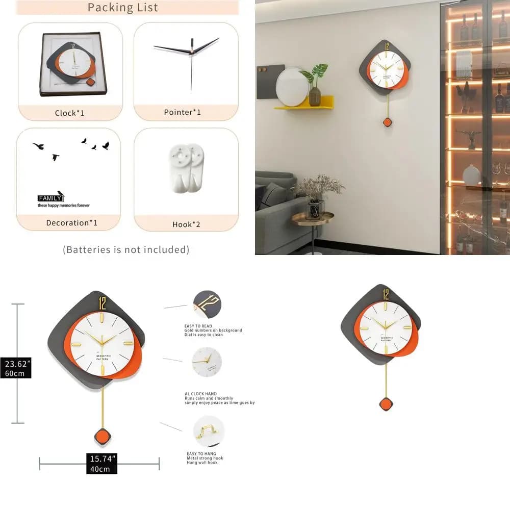 Orologi da Parete Moderni di Grandi Dimensioni per Arredamento Soggiorno, Orologio Silenzioso in Legno con Pendolo, Funzionamento a Batteria, Senza Ticchettio, per Cucina