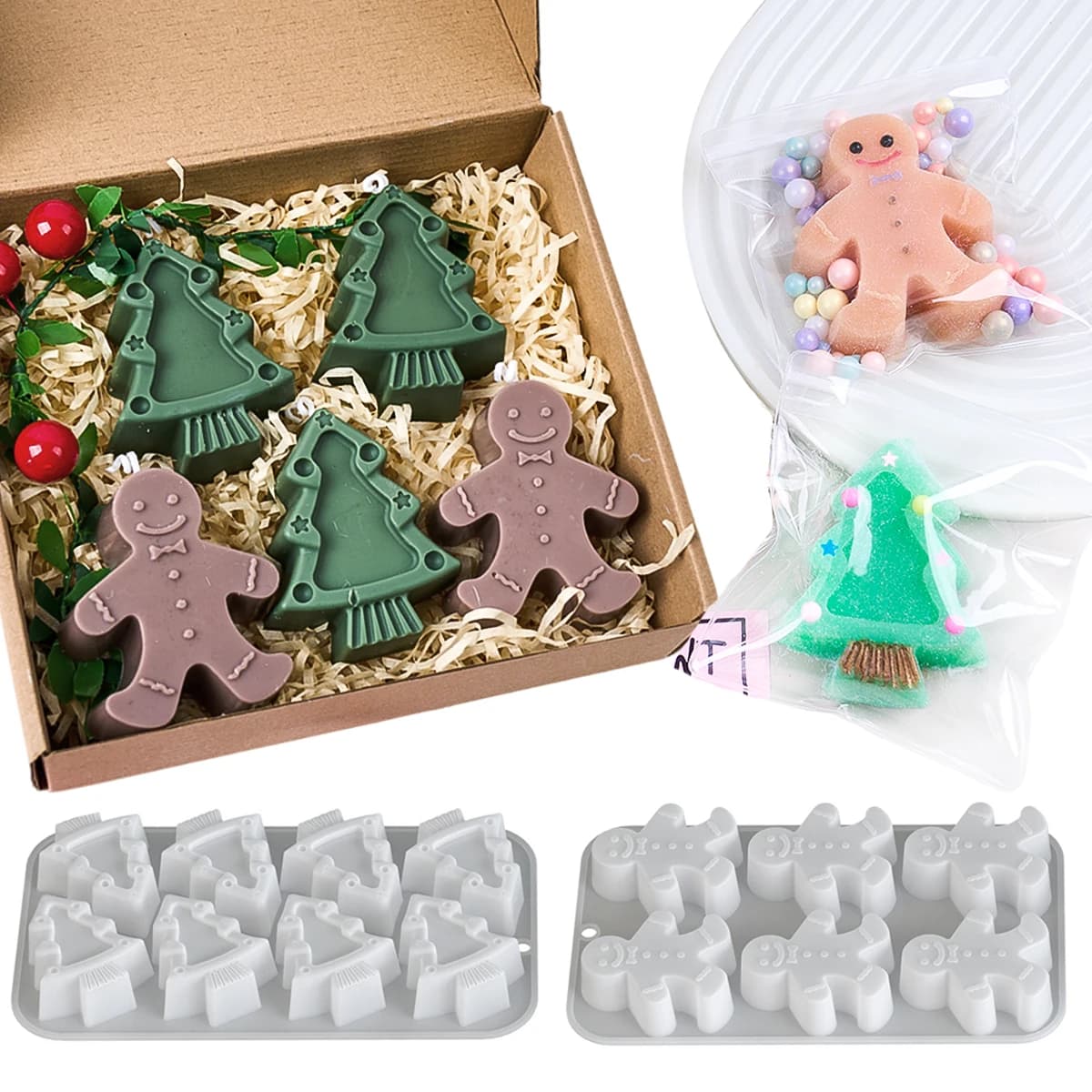 6 Holes Christmas Tree Gingerbread Man Silicone DIY Handmade Soap Scented Candle Plaster Mold Xmas Party Craft Gift Ornaments