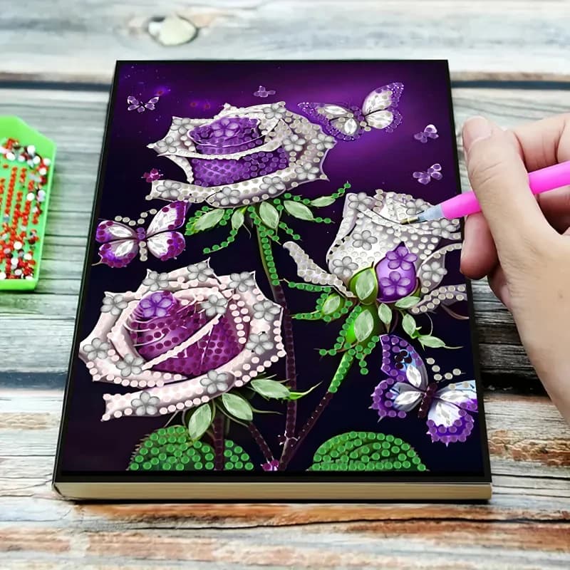 Set da 1, quaderno per diamond painting fai da te, con motivo farfalla, fiore e rosa, in similpelle, per lavori artigianali.
