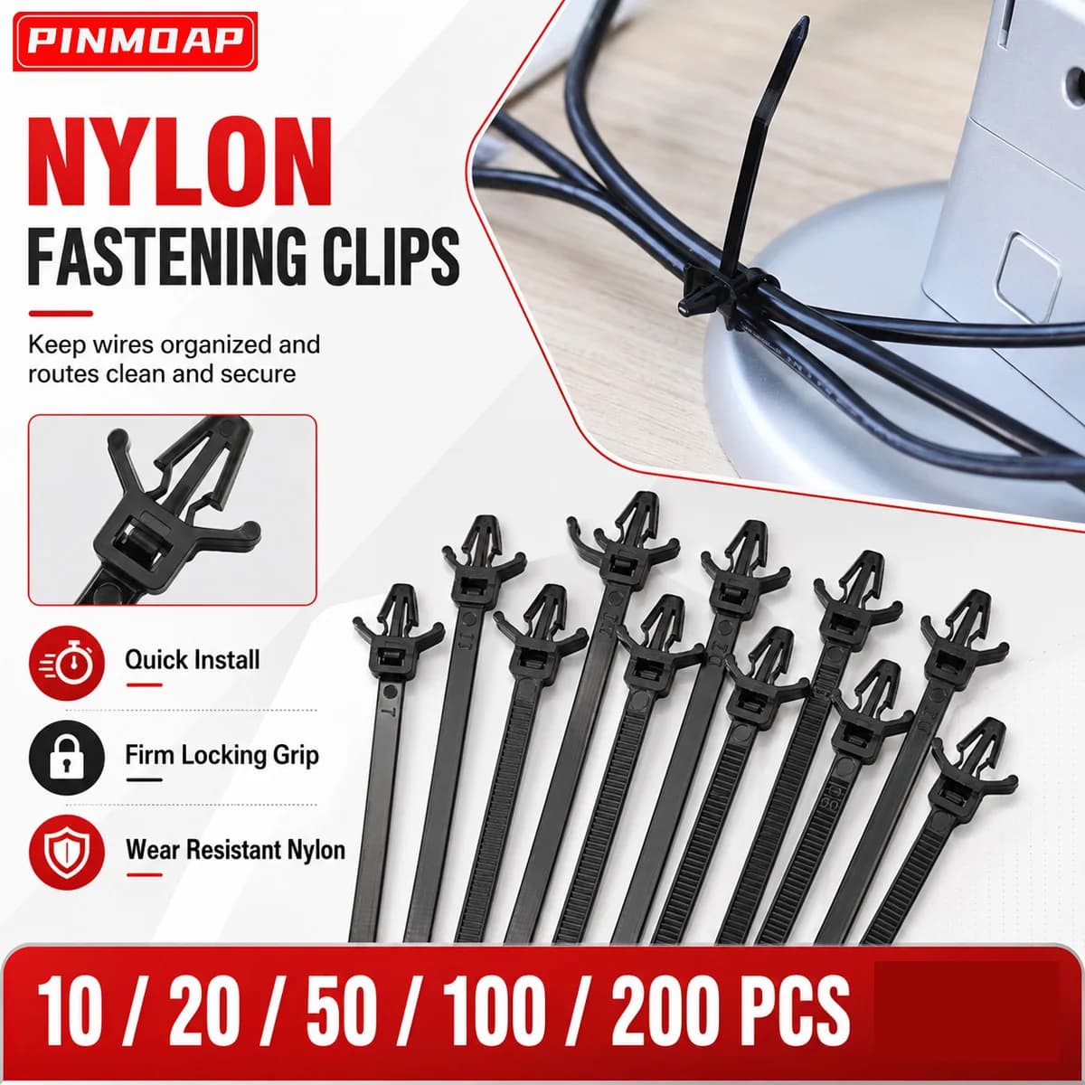 PINMOAP 10-200PCS Reusable Automotive Cable Ties Push On Black Nylon Fasteners Adjustable Wire Harness Organizer Accessories