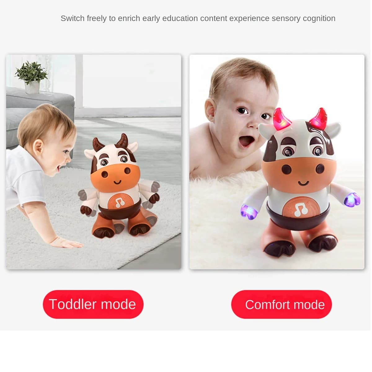 AA85 Giocattoli musicali per mucche per bambini, giocattolo per mucche da passeggio per ballare, giocattolo da passeggio per bambini con musica e luci a LED Giocattoli interattivi educativi