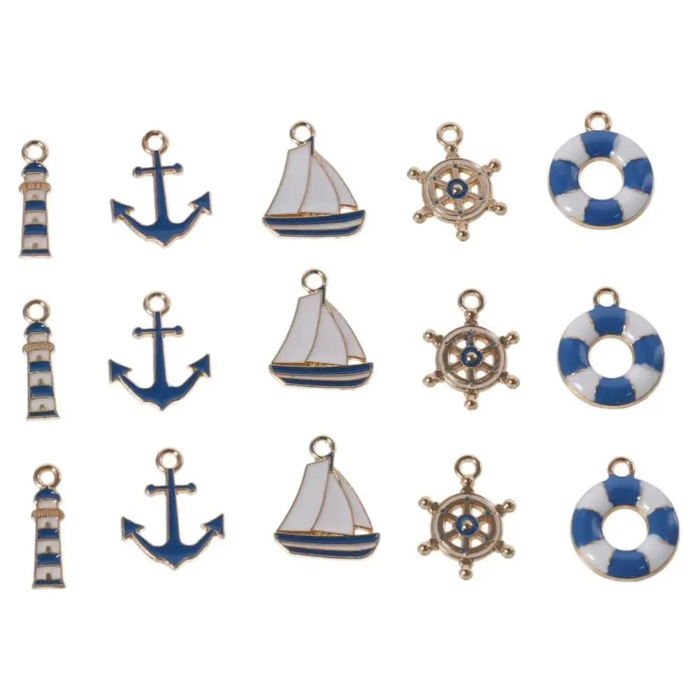 50pcs Alloy Nautical Collection Charms about 18mm in Length Nautical Rudder Boat Charms Blue and White Alloy Anchor Charm
