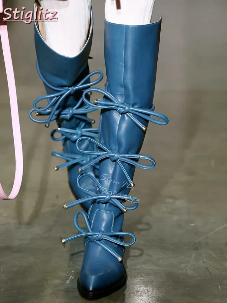 Knee Boots with Laces Modern Sewing Boots in Solid Artificial Leather Side Hinge Fashion Women's Fashion Stroller Shoes Spring 2025 Vintage