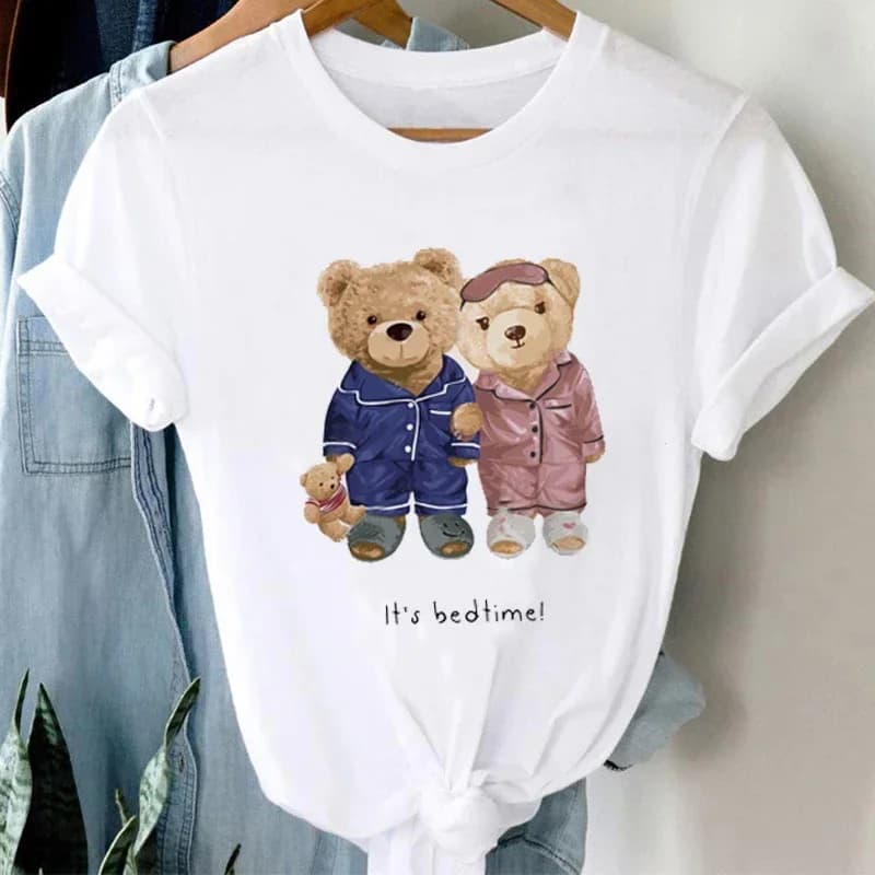T-shirt da donna alla moda con stampa di orsi dei cartoni animati degli anni '90, casual, estiva, a maniche corte, basic