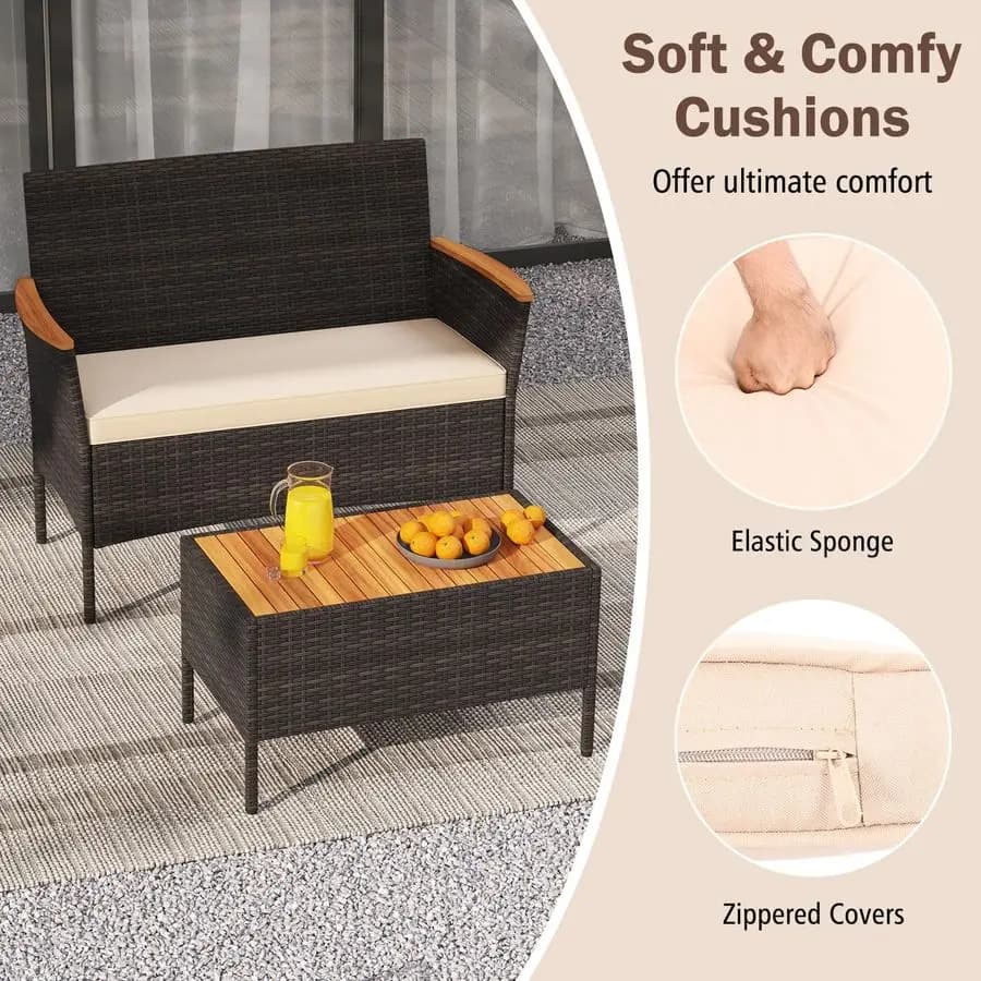 Set di divani da giardino in vimini da 4 pezzi, 2 sedie in rattan e divanetto con tavolino, braccioli e piano del tavolo in legno di acacia, cuscini da esterno