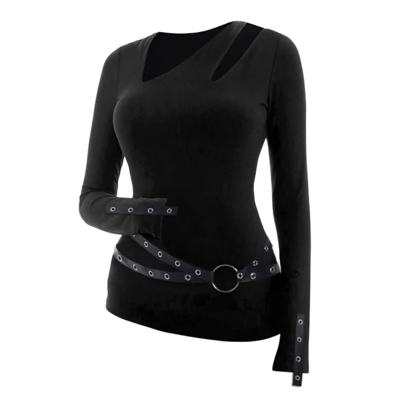 Dressfo Top da donna gotico Top tinta unita con occhiello O-ring ritagliato manica lunga scollo a V Top camisetas