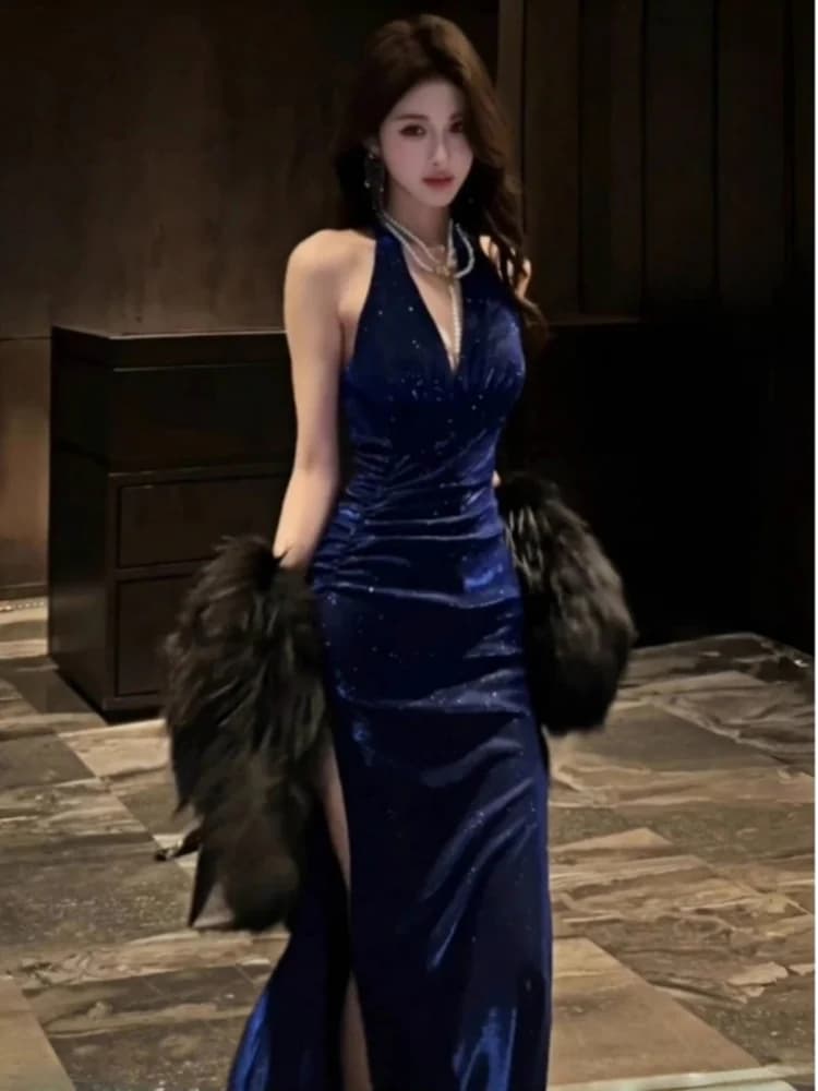 Abito Elegante e Sensuale con Scollo a V e Spalle Scoperte, Vestito da Donna a Vita Bassa con Gonna a Trapezio, Traspirante, per Feste Estive, Matrimoni e Balli