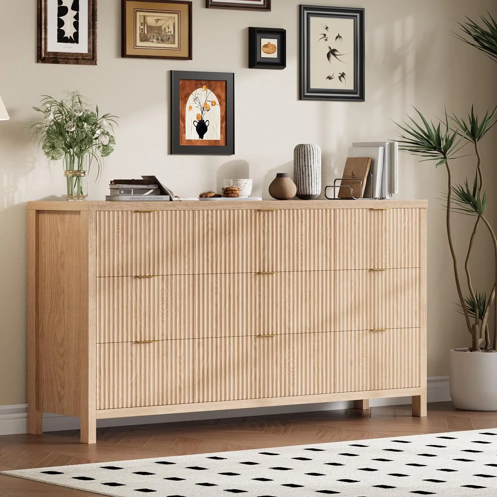 Modern drawers with 9 drawers in Mid-Century style, rustic style grooved wooden cabinet for bedroom, living room, closet