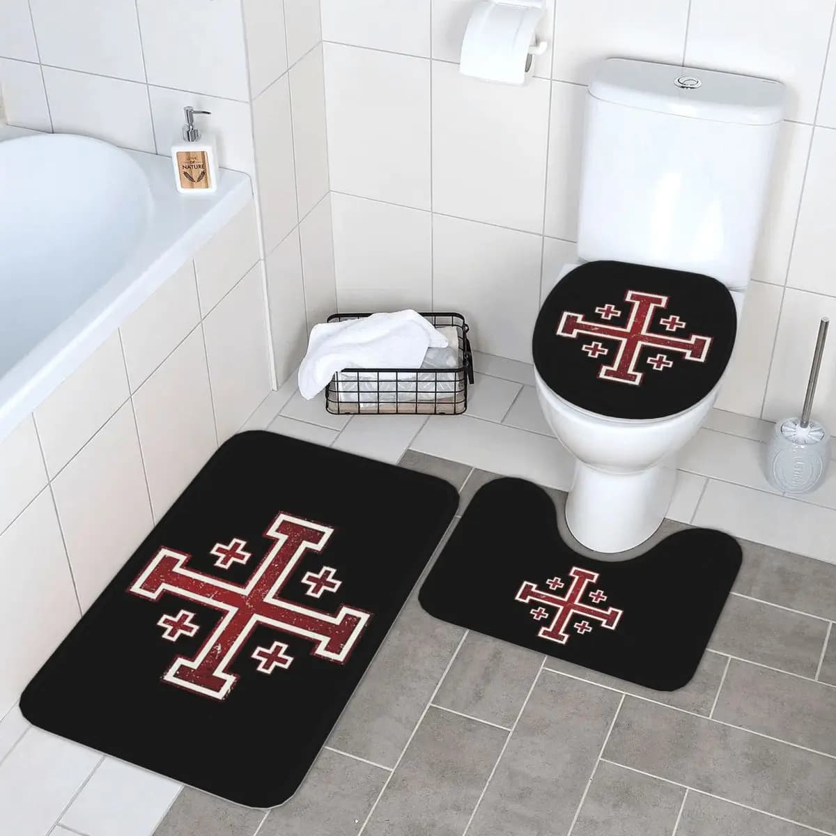Croce di Gerusalemme Cavalieri medievali Croce Crociata 3 pezzi Tappetino da bagno Set da bagno Copriwater Tappetino antiscivolo per la casa