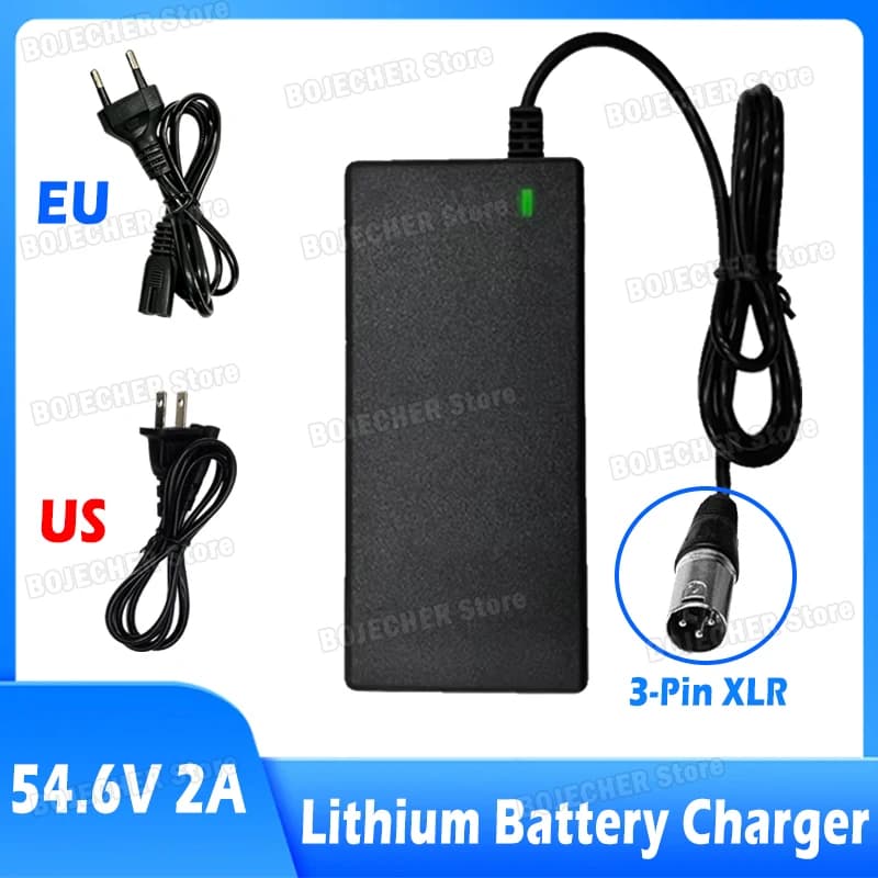 54.6V 2A Lithium Battery Charger With 3 Pin XLR Connector For 48V Lithium Battery AC100-240V Power Supply Adapters EU US Plug
