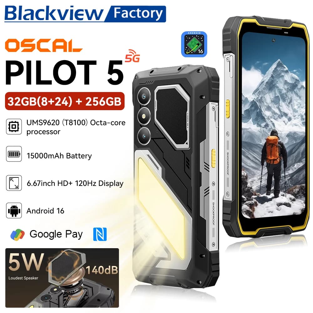 Versione globale Blackview OSCAL PILOT 5 5G Rugged Phone 6.67" HD+ Display 32GB (8GB+24GB)+256GB 15000mAh Smartphone Android 16 NFC