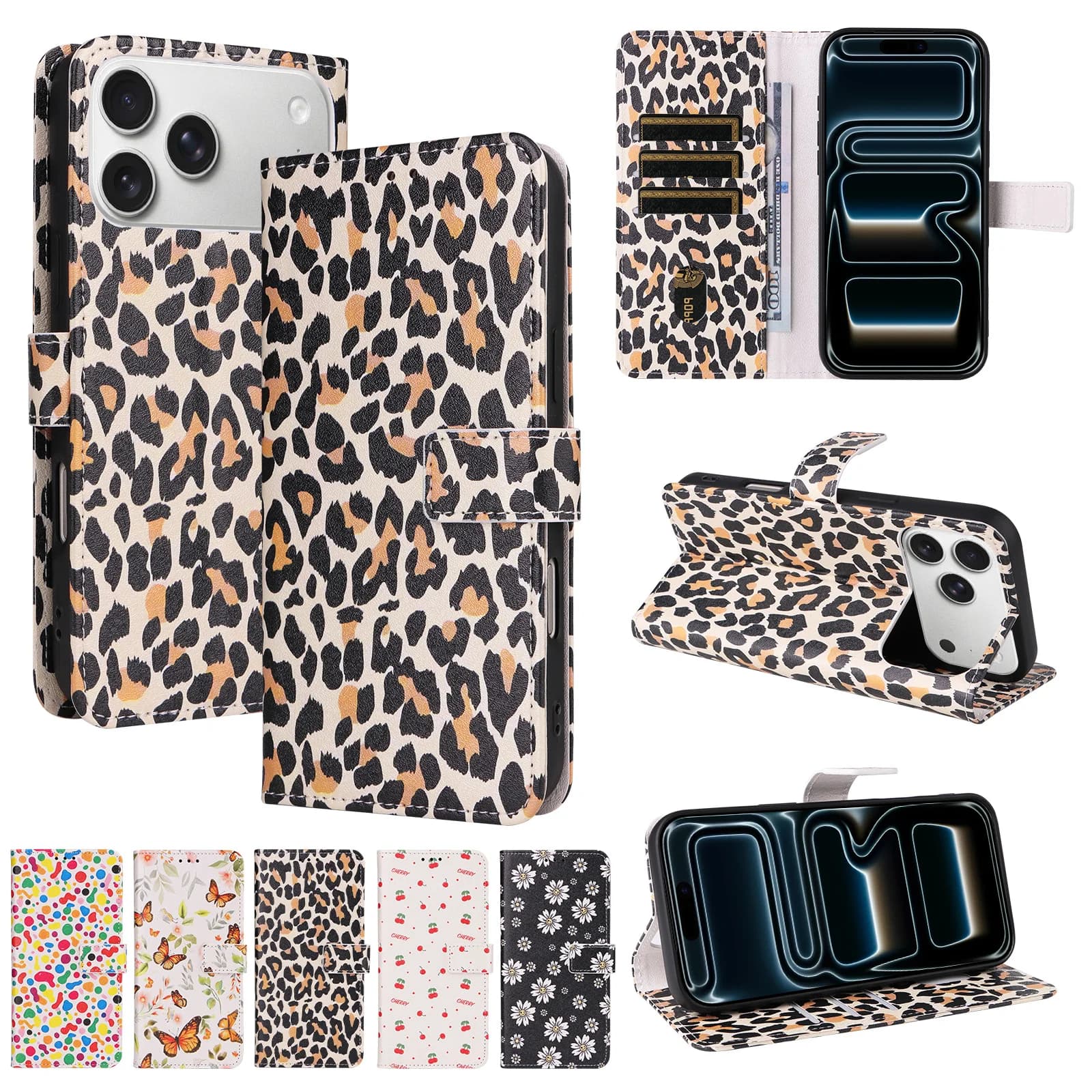 Painted Leopard Print Flip Wallet Phone Case for iPhone 17 Pro Max,16 Pro,15,14Plus,13 Anti-Fall Card Slot Holder Faux Leather Phone Protective Case