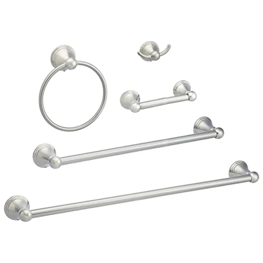 Set di 5 Accessori per Bagno in Nichel Satinato con Portasciugamani, Portarotolo, Anello Portasciugamani, Gancio per Accappatoio AB-BR817-SN