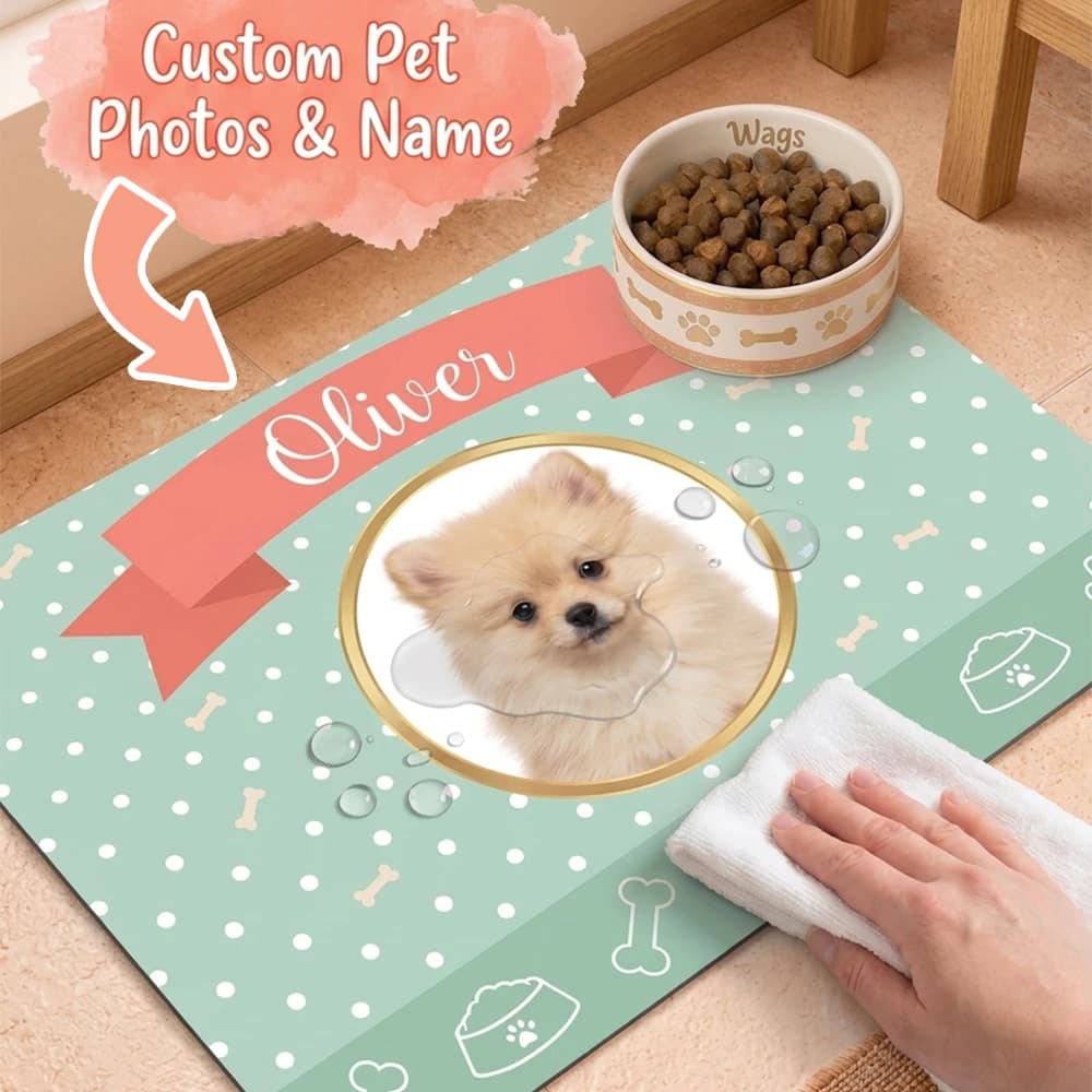 1pc Custom Pet Photo & Name Feeding Mat,Mint Polka Dot Ribbon Placemat,Pet Bowl Placement,Daily Dog Feeding Use,Pet Birthday
