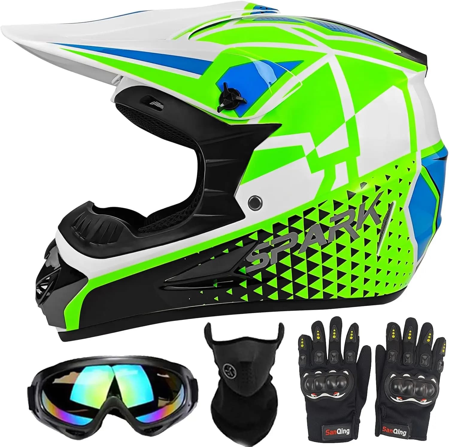 Set Motocross helmet for Boys with Gloves, Eyewear, Mask - Approved DOT for Cross Motorcycle, Mountain Bike, BMX, MX, ATV