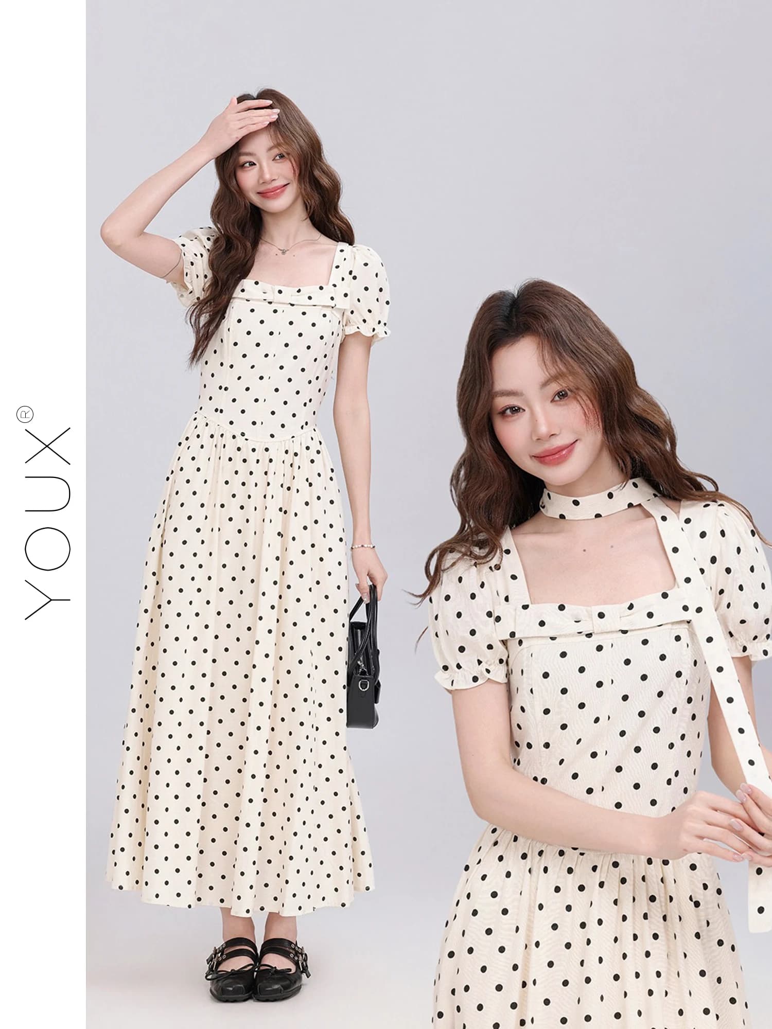 Abito Estivo Chic a Pois con Scollo Quadrato, Gonna Lunga Morbida Stile Francese, Vita Alta in Fibra di Poliestere, Manica Corta