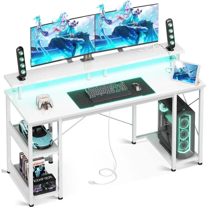 55 Inch Modern Gaming Desk with LED Lights and Current Grips, Computer Desk with Monitor Support and Storage Shelves, CPU Support