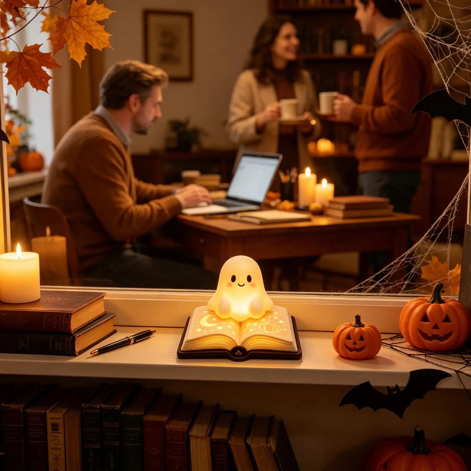 Ghost Light Cartoon Decorative Sculpture Halloween Ghost Book Light For Bookshelf Desk Bedside Table Fireplace Mantel Reading