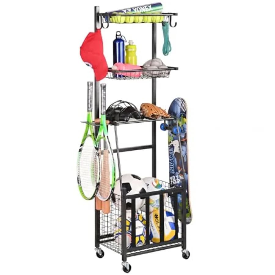 Scaffale portaoggetti per attrezzature sportive da interno/esterno per garage, organizer per palloni con cestino e ganci, telaio in metallo resistente, nero
