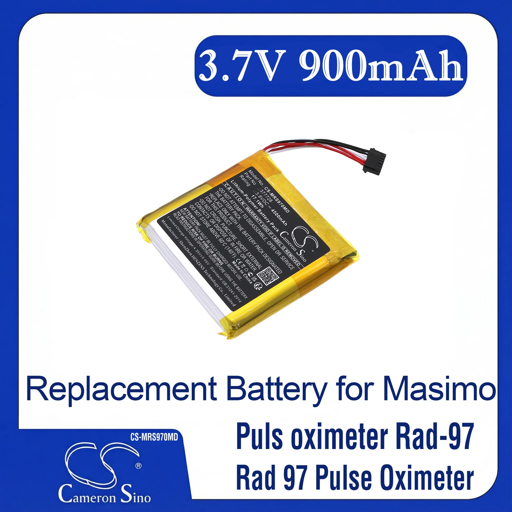 Replacement battery Cameron Sino for pulse oximeter Masimo Rad-97, Rad 97, compatible with code P/N 2705837772899010
