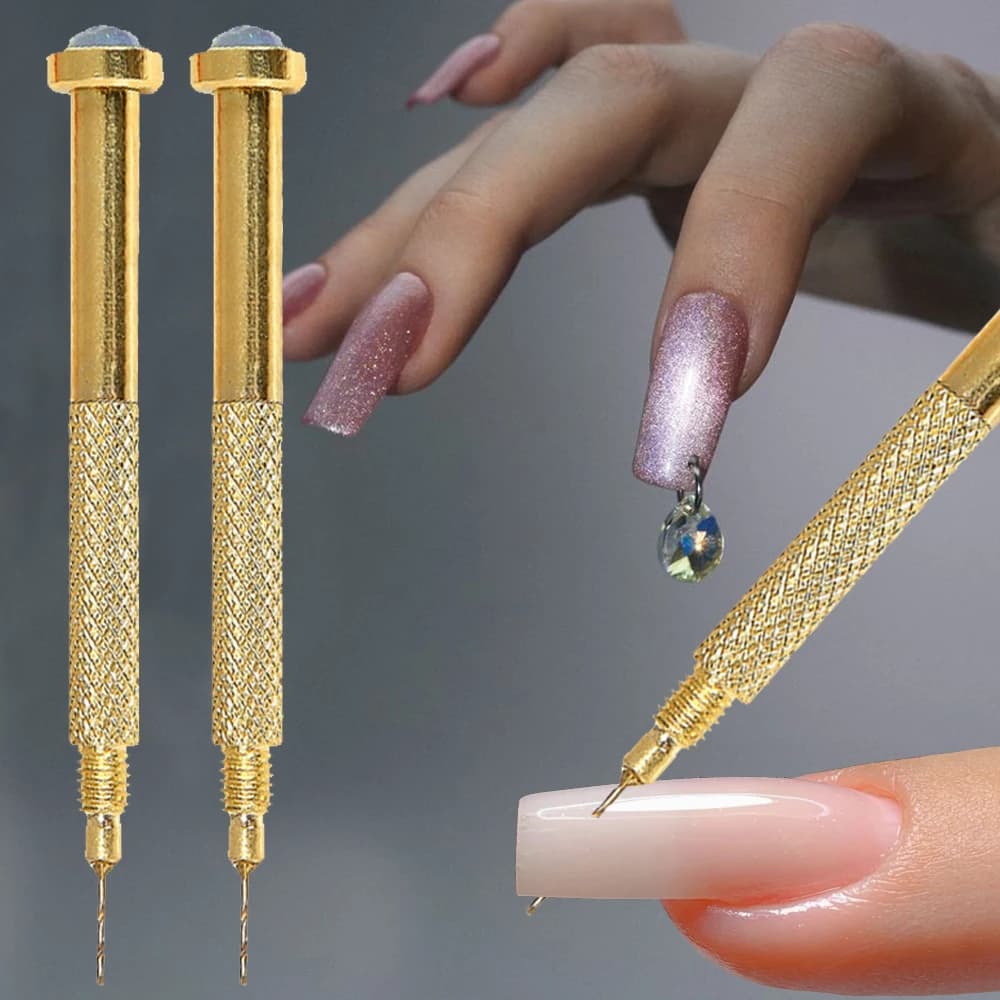 1/2pcs Punk Pierced Nail Punch Pen Stainless Steel Rivet Piercing Drill Hole Nai Pen Pendant Charms Manicure Perforated Tools