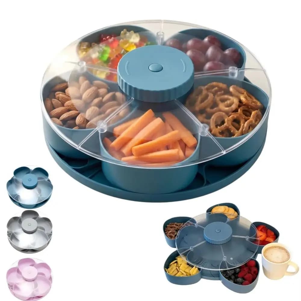 Ciotola Girevole per Frutta a 5 Scomparti, Vassoio Portatile per Snack con Coperchio, Contenitore per Noci per Picnic all'Aperto e Soggiorno