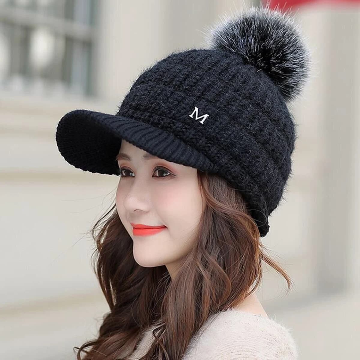 Winter Warm Fleece foderato Skull Visor Beanie lavorato a maglia pompon cappelli da Baseball donna Cold Weather Painter berretti da sci da neve a tesa larga