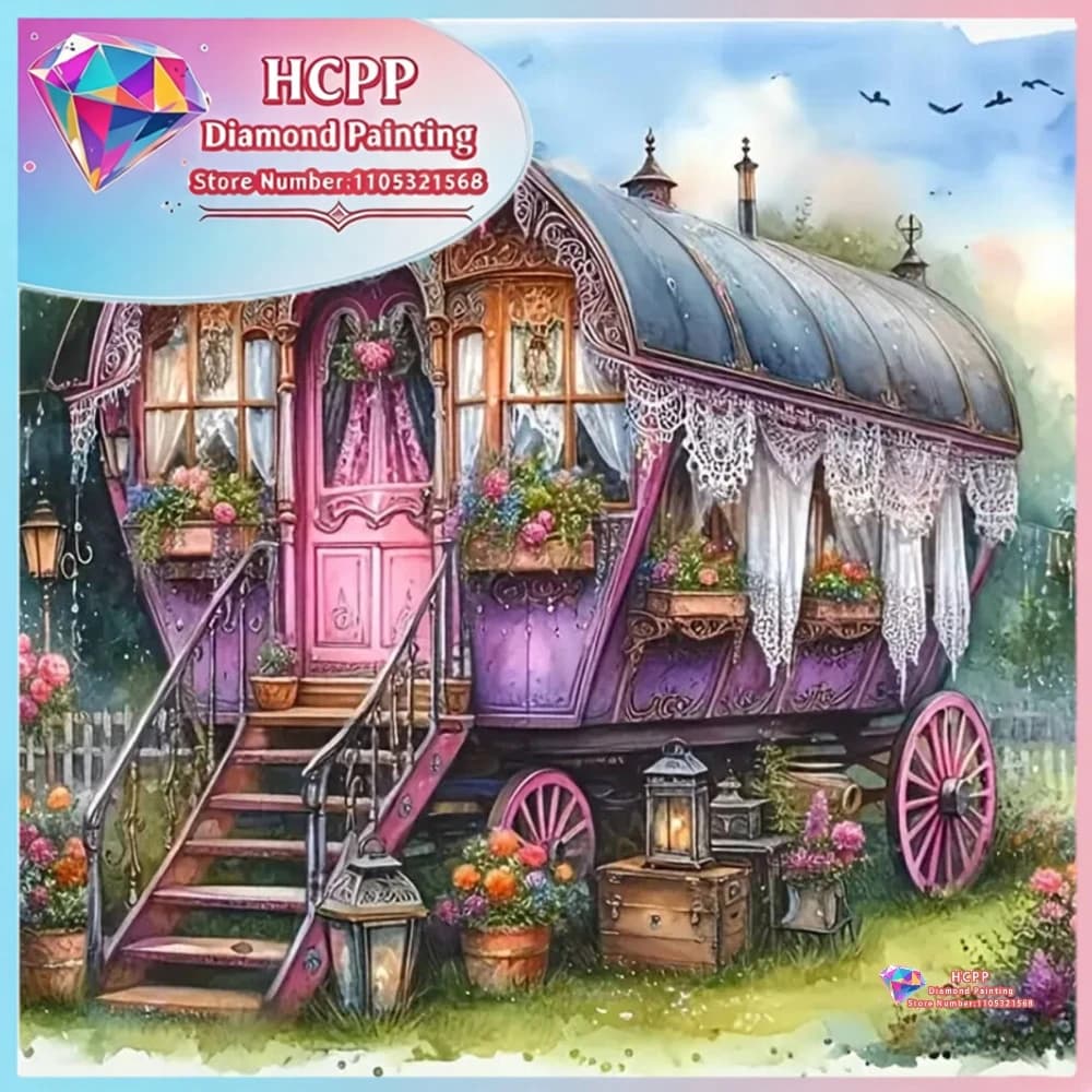 Kit Pittura Diamante Paesaggio Camper, Diamanti Quadrati e Rotondi 5D, Mosaico Fai da Te, Arte Artigianale, Regalo Unico e Squisito, Decorazioni per la Casa