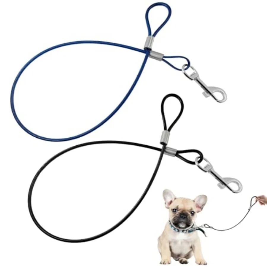 2 Pack Chew Proof Dog Leash Extension - Metal Cable Lead Non-Tangle Connect Heavy Duty Blue and Black Rope Extender for Small a