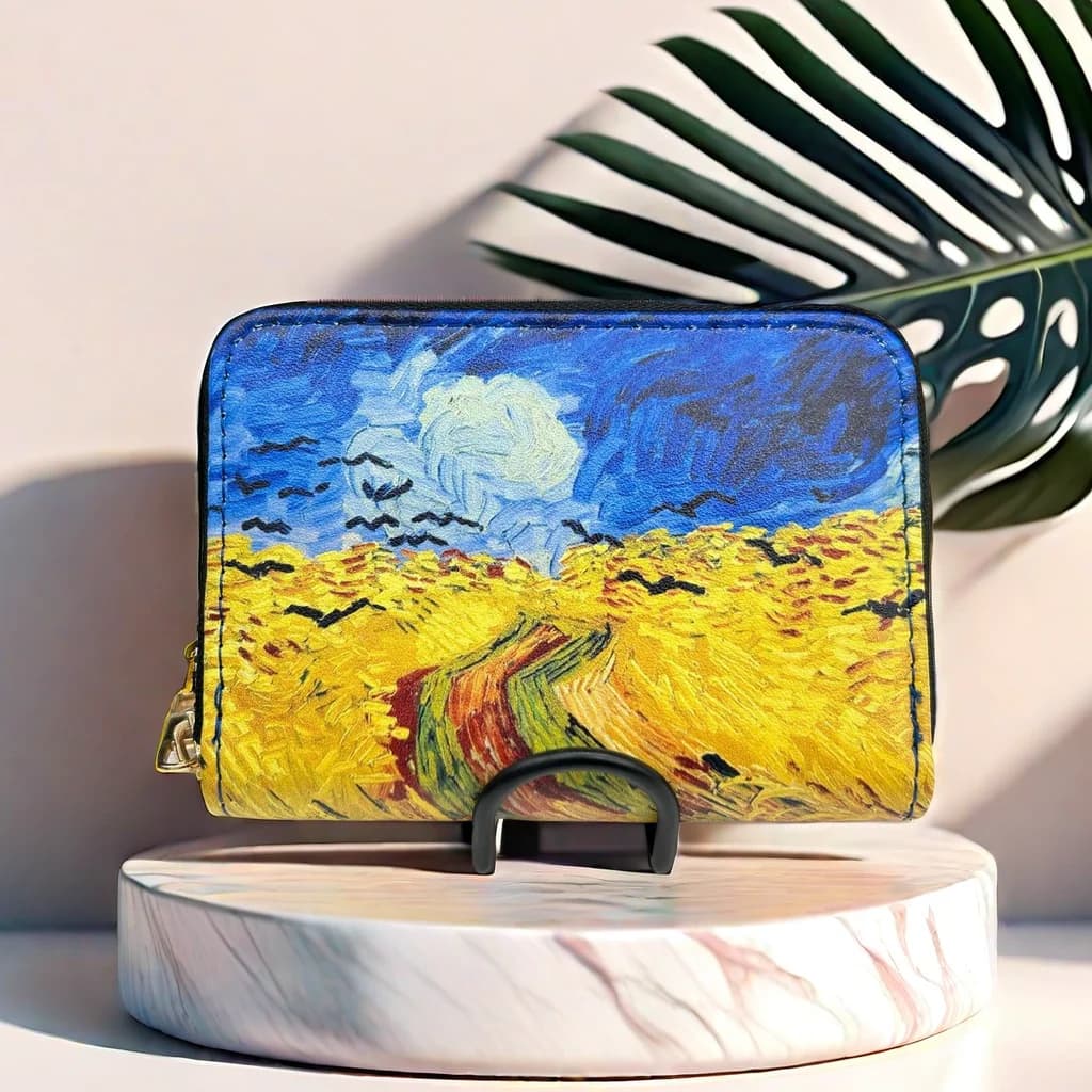 Porta carte di credito artistico in pelle vegana con dipinti Van Gogh portafoglio durevole, con cerniera, multifunzionale per ID, carte di credito
