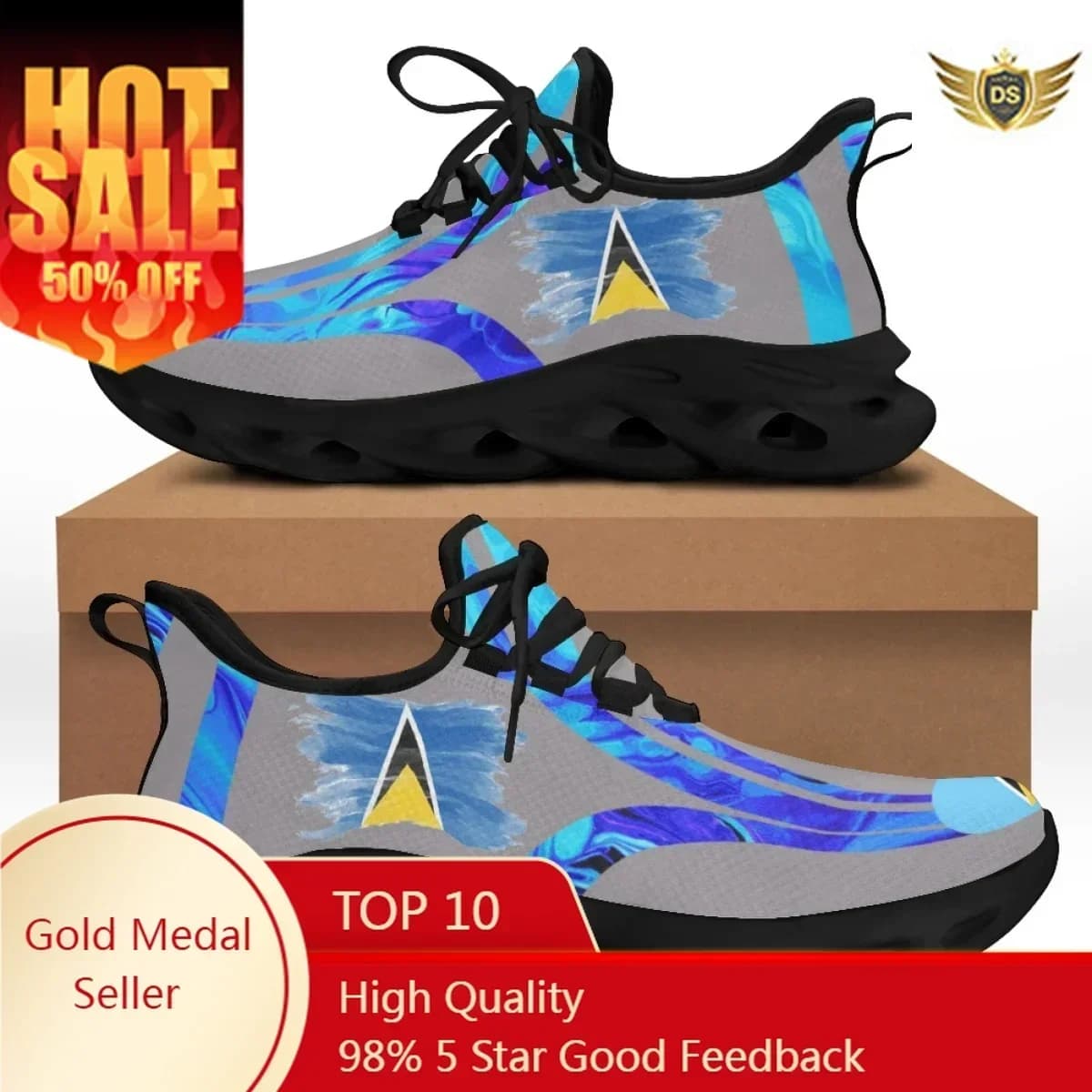 Saint Lucia Printing Women Lace Up Flat Shoes Summer Mesh Breathable Custom National Sneaker Shoes For Girls Light Flats