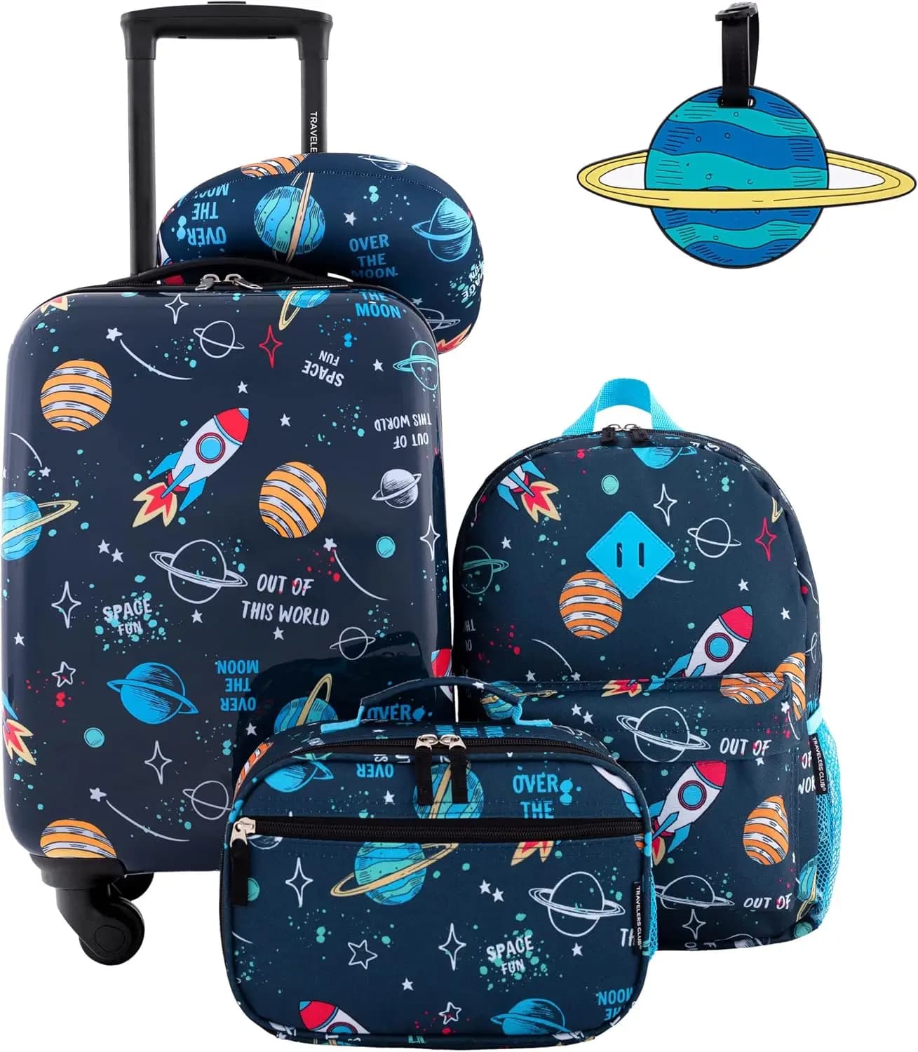 5-Piece Kids Travel Set: Hardside Carry-On, Backpack, Lunch Bag, Pillow & Tag